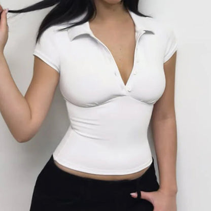 Turn-down Collar T Shirts For Women Streetwear Short Sleeve Crop Top Y2k Clothes Buttons Tshirt Solid Camisetas Slim Ropa Mujer