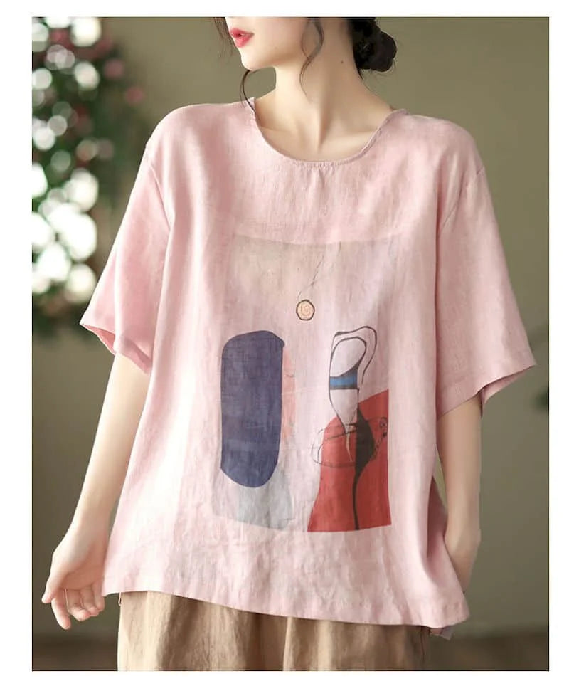 Cotton Linen T Shirts Women Fashion Vintage Art Printed T-shirt Casual Loose O-neck Short Sleeve Tops Summer Trend Thin Tshirt