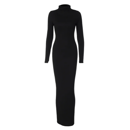 Fall Women Fashion Elegant  Solid Turtleneck Long Sleeve Sexy Bodycon Maxi Prom Dress  Outfit Evening Party Club