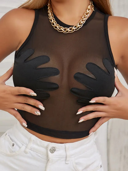Sleeveless Sexy Tank Top Women Clothing See Through Y2k Accessories O-neck Palms Cute Mini T-shirts Mesh Black Ropa De Mujer