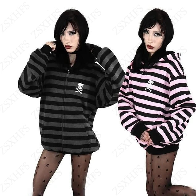 Hoodies Women Winter Clothes Gothic Hoodie 90s Korea kpop Tops Stripe Long Sleeves Casual  Skull Harajuku Vintage Zip Up Hoodie