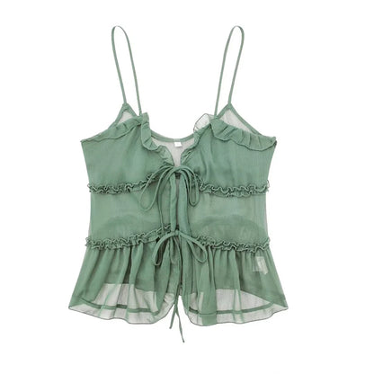 Women Fashion With Ruffled Front Tied Semi-sheer Tank Tops Sexy Backless Thin Straps Female Camis Mujer