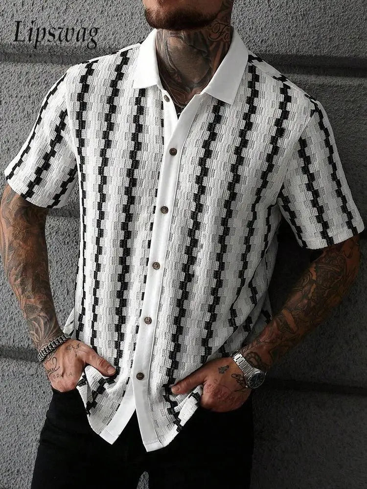 Classic Plaid Striped Knitting Shirt Short Sleeve Buttoned Turn-down Collar Mens Shirts Summer Vintage Slim Fit Knitted Cardigan