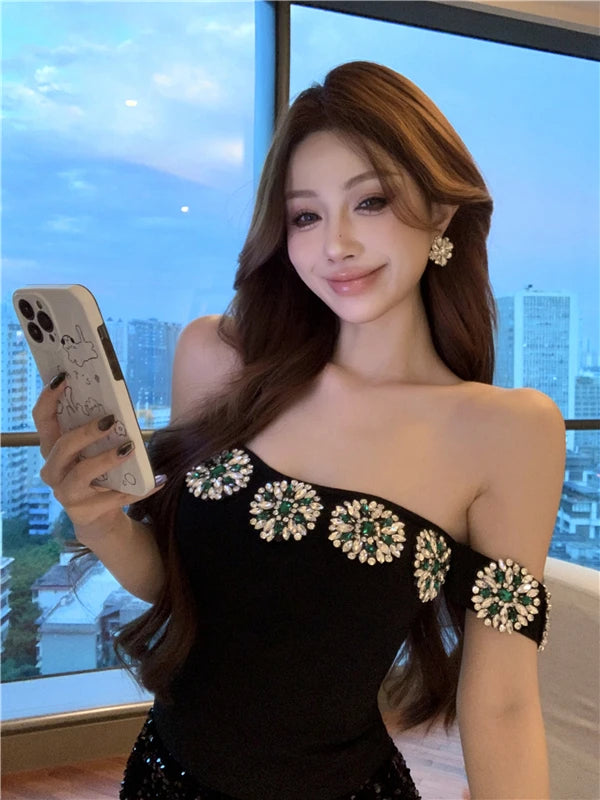 Korean Fashion Clothing Sexy Tanks Women Heavy Diamond 3D Floral Tanks Crop Tops Temperament Tunic Summer Camis 2025 Ropa Mujer