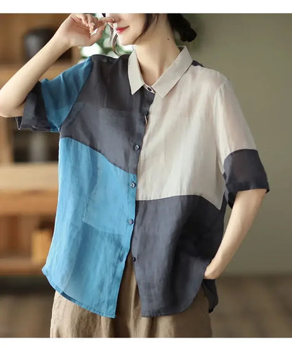 Cotton and Linen Shirt for Women Fashionable and Versatile Cardigan Lapel Top Thin Blouse Patchwork Casual Chic Female Clothes