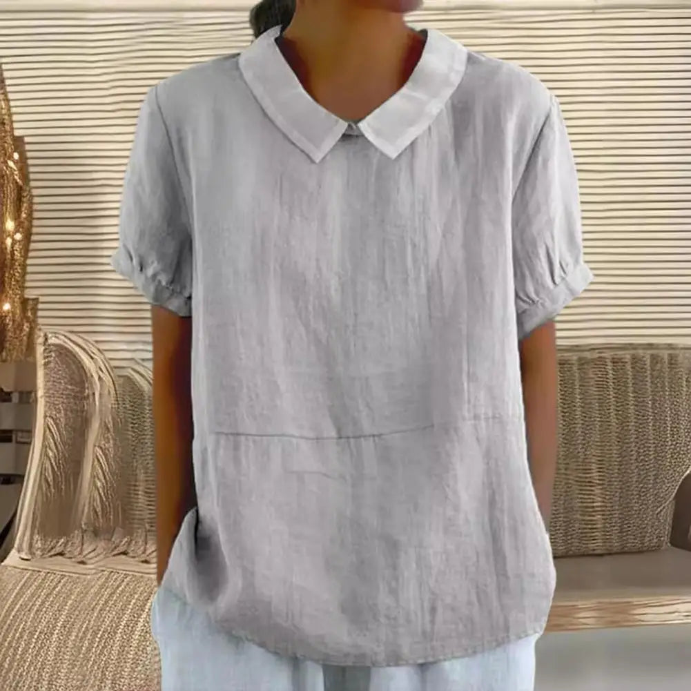 2026 Cotton Linen Women Blouse Lapel Short Sleeve Breathable Top Loose Fit Blouse Round Neck Soft Fabric Summer Blouse 80%