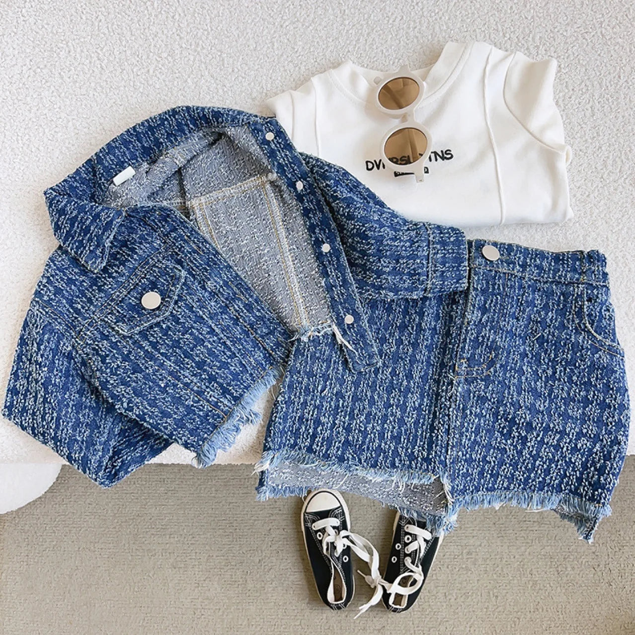 Kids Boutique Clothing New Autumn 2 Pieces Sets Girls Tops Jeans Coat Turn Down Collar Short All-match Fashion Preppy Style