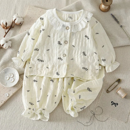 Summer Child Clothing Sets in Air-conditioned Room Girls Breathable Comfortable Long Sleeve Lace Home Clothes Sets Kids Pajamas