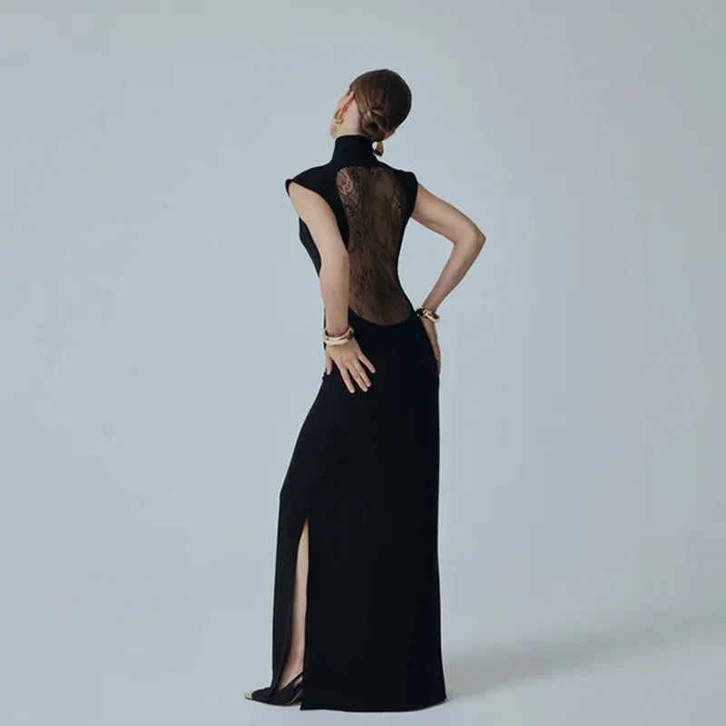 Solid Dresses For Women Fashion Sexy Streetwear Short Sleeves Turtleneck Hollow Out Sheer Long Vestidos Robes Female Elegant Fit