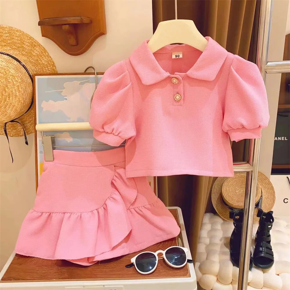new summer girl clothes 2pc/set  top shirt+ skirt  children baby kids students fashion 90-140 3-8year fashion lovely solid