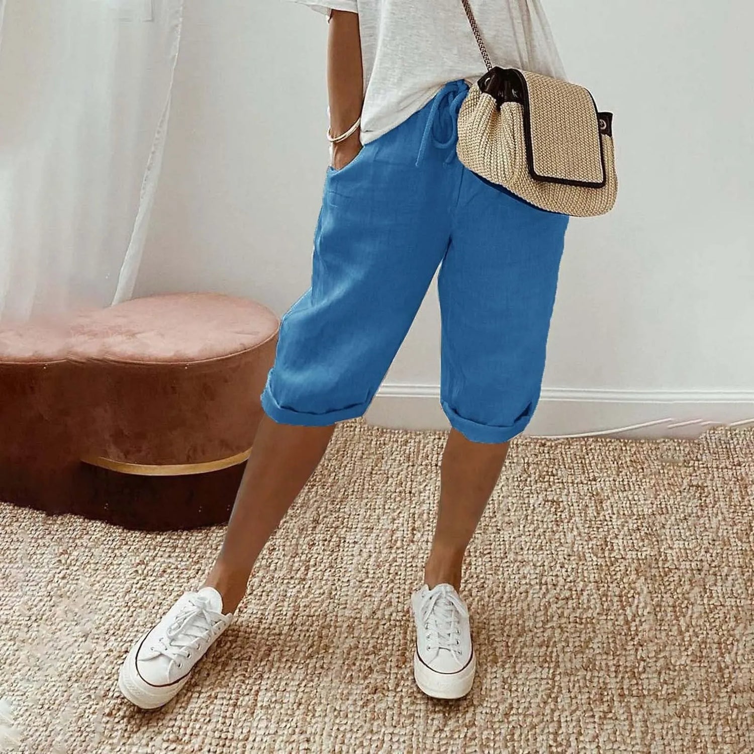 Casual Cotton Linen Pants For Female Streetwear Solid Color Wide Leg Capri Versatile Palazzo Pants Baggy Cargo Pants With Pocket