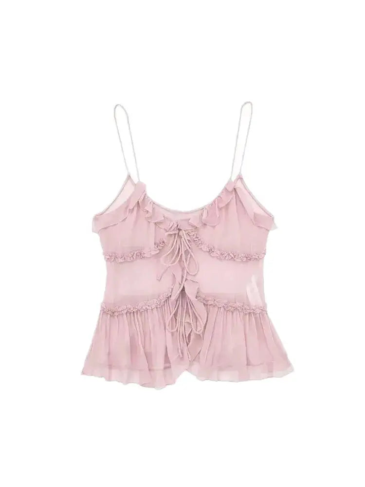 Women Fashion With Ruffled Front Tied Semi-sheer Tank Tops Sexy Backless Thin Straps Female Camis Mujer