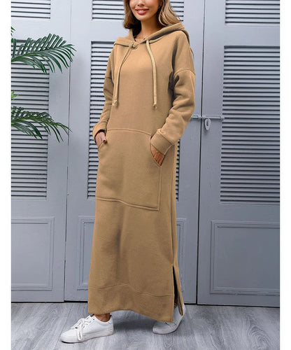 Hoodies Dress For Women Fashion 2025 Hem Lace-up Midi Robe Hooded Long Dress Autumn Winter Warm Casual Loose Sweatshirt Vestidos