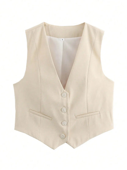 HH Women Fashion Solid Suit Vest Sleeveless Cropped Waistcoat Tops Vests Spring Summer Casual Office Lady Chic Tops