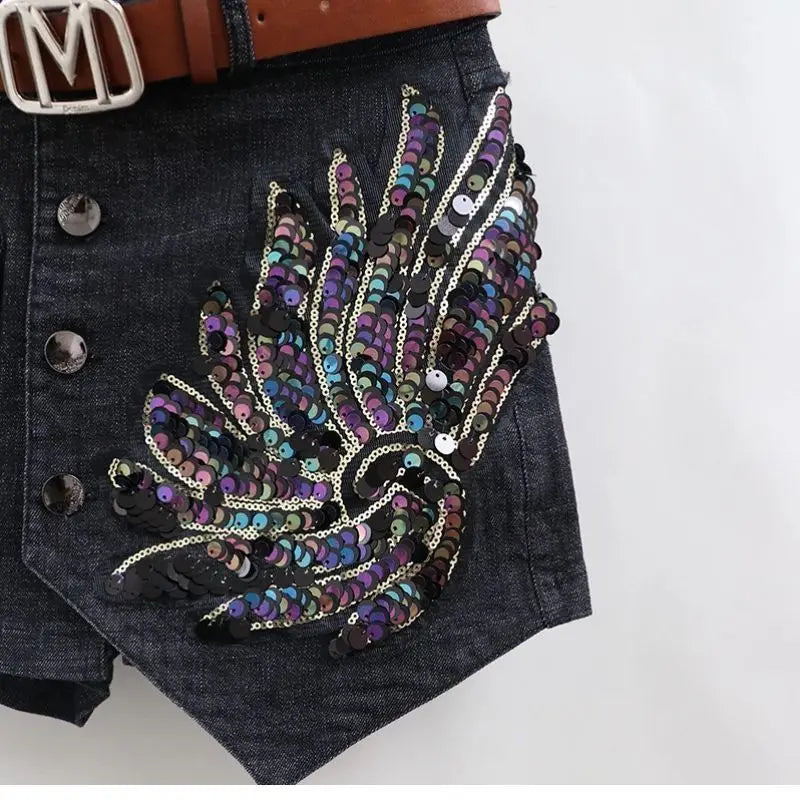 Fashion Sequin Denim Short Skirt Women Spring/Summer 2025 New Korean High Waist Slim Irregular Sexy Hot Pants White Black Casual