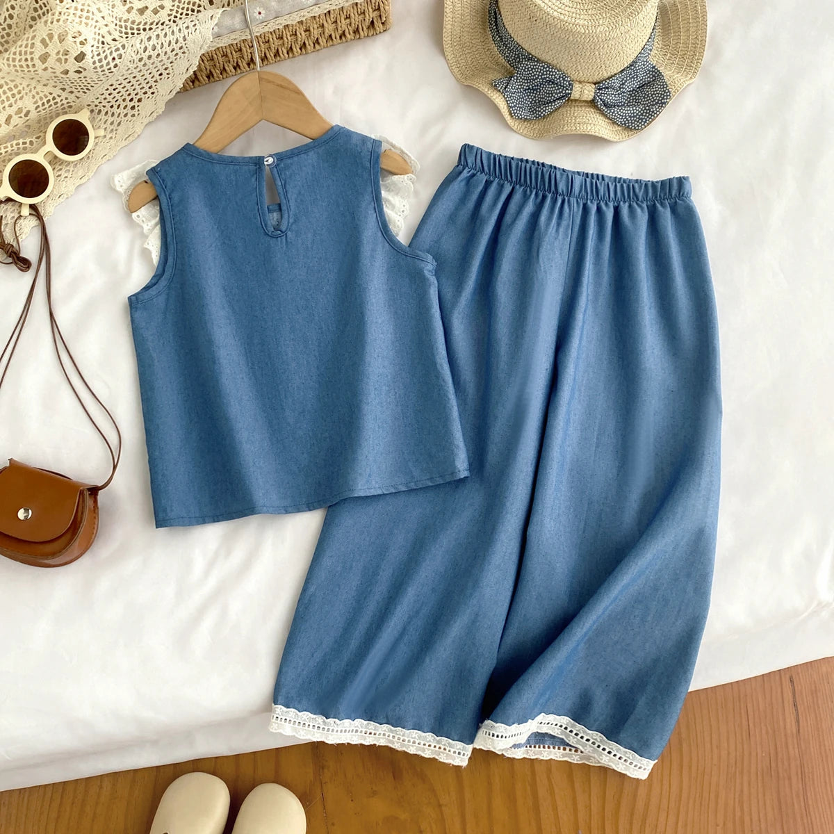 Kids Clothes Girls Summer Fashion  Cowboy Blue Lace Bow+Lace Wide Leg Pants Sets Children&