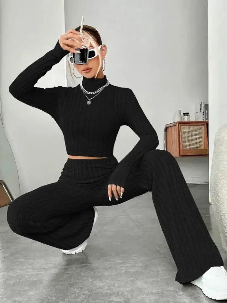 Women Fashion Solid Color Streetwear Autumn Winter Elegant Round Neck Tops Loose Pants Suit Casual Holiday Sport Two Piece Sets