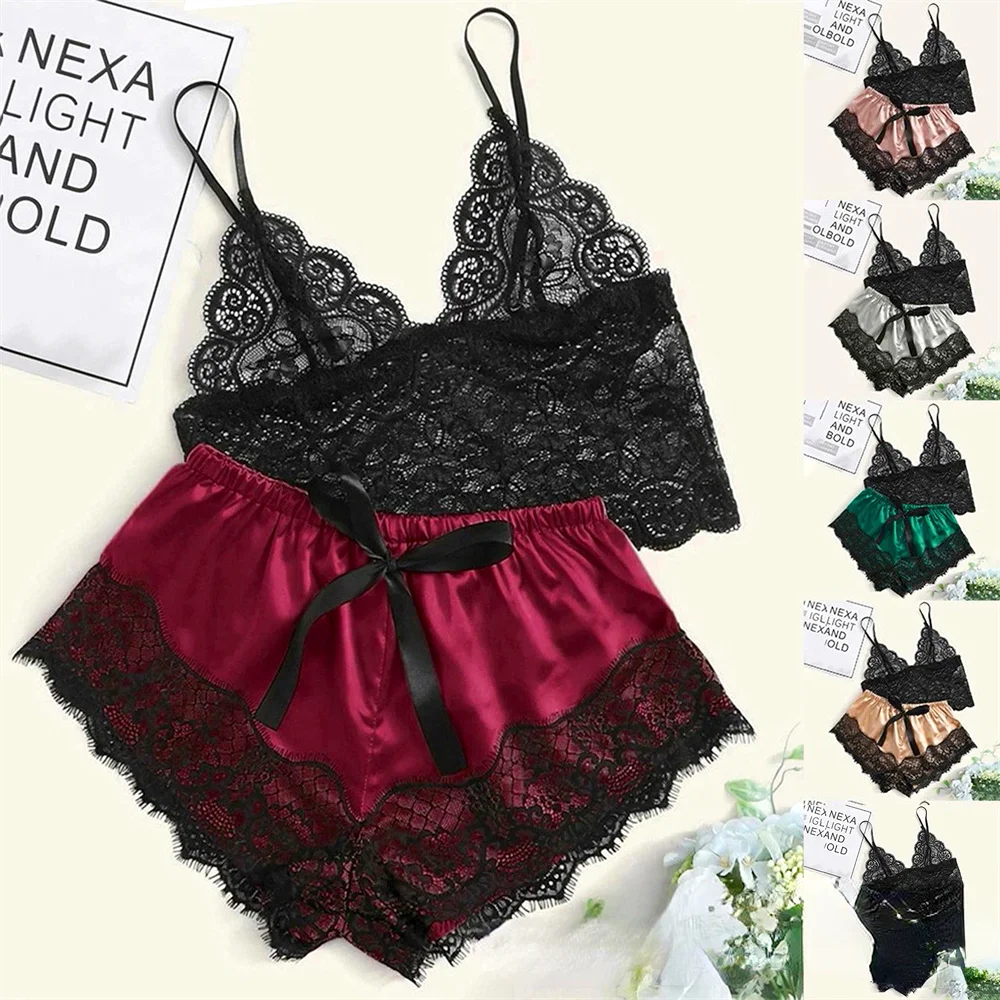 Women Pajamas Set Sexy Satin Lace Sleepwear Lingerie Ladies Elastic Suspender Shorts  Nightwear Suits Sleeveless Underwear Tops