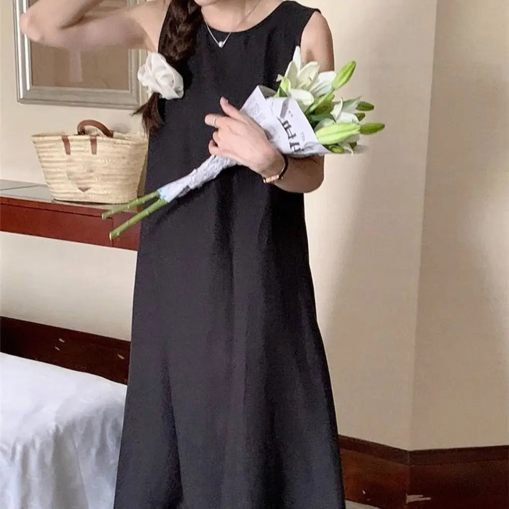 Solid Summer Sleeveless Dress Round Neck Simple Vocation Vest Dresses Beachwear Hollowed Out Open Back Long Dress Teens
