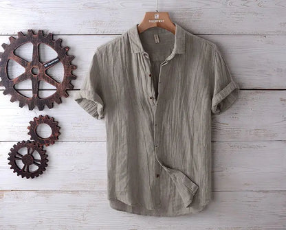 Linen Short Sleeved Shirt for Men, Trendy Japanese Retro Solid Color Summer Thin Casual Loose Cool Shirt Top