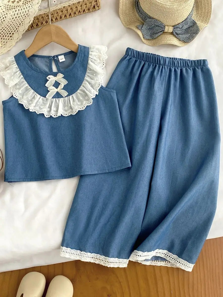 Kids Clothes Girls Summer Fashion  Cowboy Blue Lace Bow+Lace Wide Leg Pants Sets Children&
