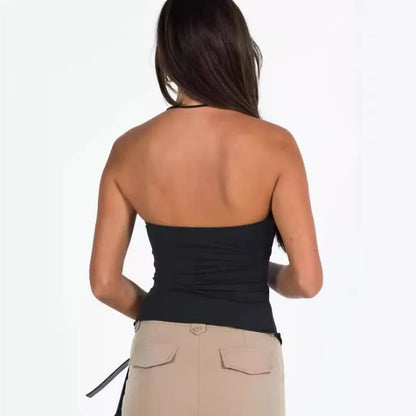 Women Tanks Solid Off Shoulder Asymmetric Drawstring Slit Casual Camis Elastic Sleeveless Female Crop Tops Summer Sexy Spicy
