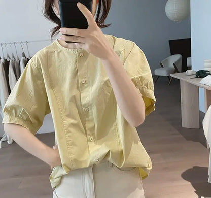 Women Round Neck Blouse Short Sleeve Button Down Loose Casual Solid Color Summer Shirt