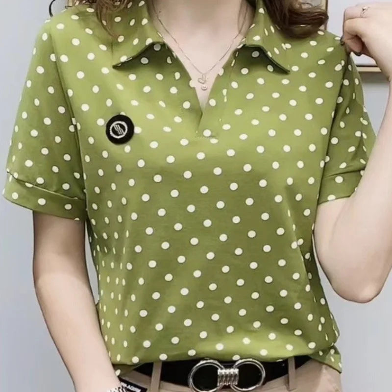 Polo Neck Shirts for Women Short Sleeve Tee T-shirt Woman Flower Clothing Aesthetic with Collar Tops Youth Luxury Sale V Cute