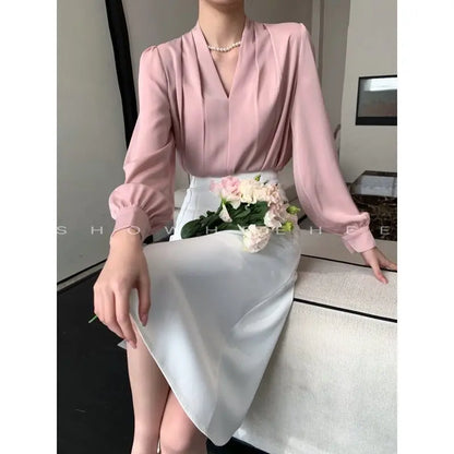 Women Clothing Fashion Loose V-Neck Chiffon Top Spring Autumn Elegant Long Sleeve Blouse Office Lady Simplicity Cozy Solid Shirt
