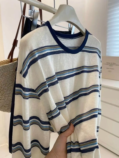 Women Clothes Spring Autumn Fashion Simplicity All-match Striped Color Blocking O-neck Ladies Appear Thin Lazy Wind Long Sleeve
