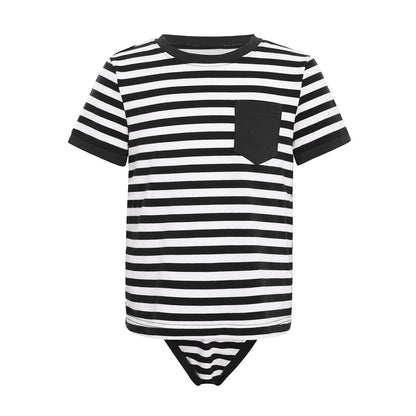 Kids Boys Girls Special Needs Adaptive Clothing Round Neck Short Sleeve Press Buttons Open Crotch Striped Leotard Bodysuit