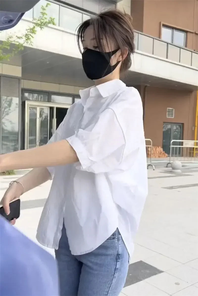 Women Blouses Elegant Streetwear Office Casual Loose Button Up White Blue Long Sleeve Vintage Oversize Shirt Tops