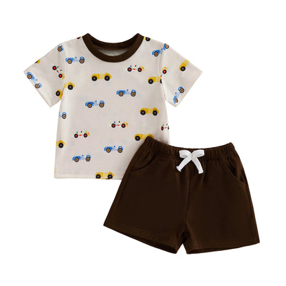 Kids Boys Summer Clothing Sets Short Sleeve O Neck Race Car Print T-shirts Tops and Solid Color Shorts Casual Tracksuits