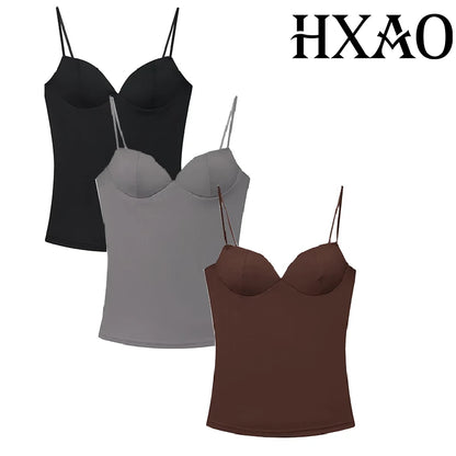 HXAO Sleeveless Crop Tops For Woman Corset Camisole Brown Top Women Bodycon Backless Sexy Tops With Straps Bustier Tank Tops