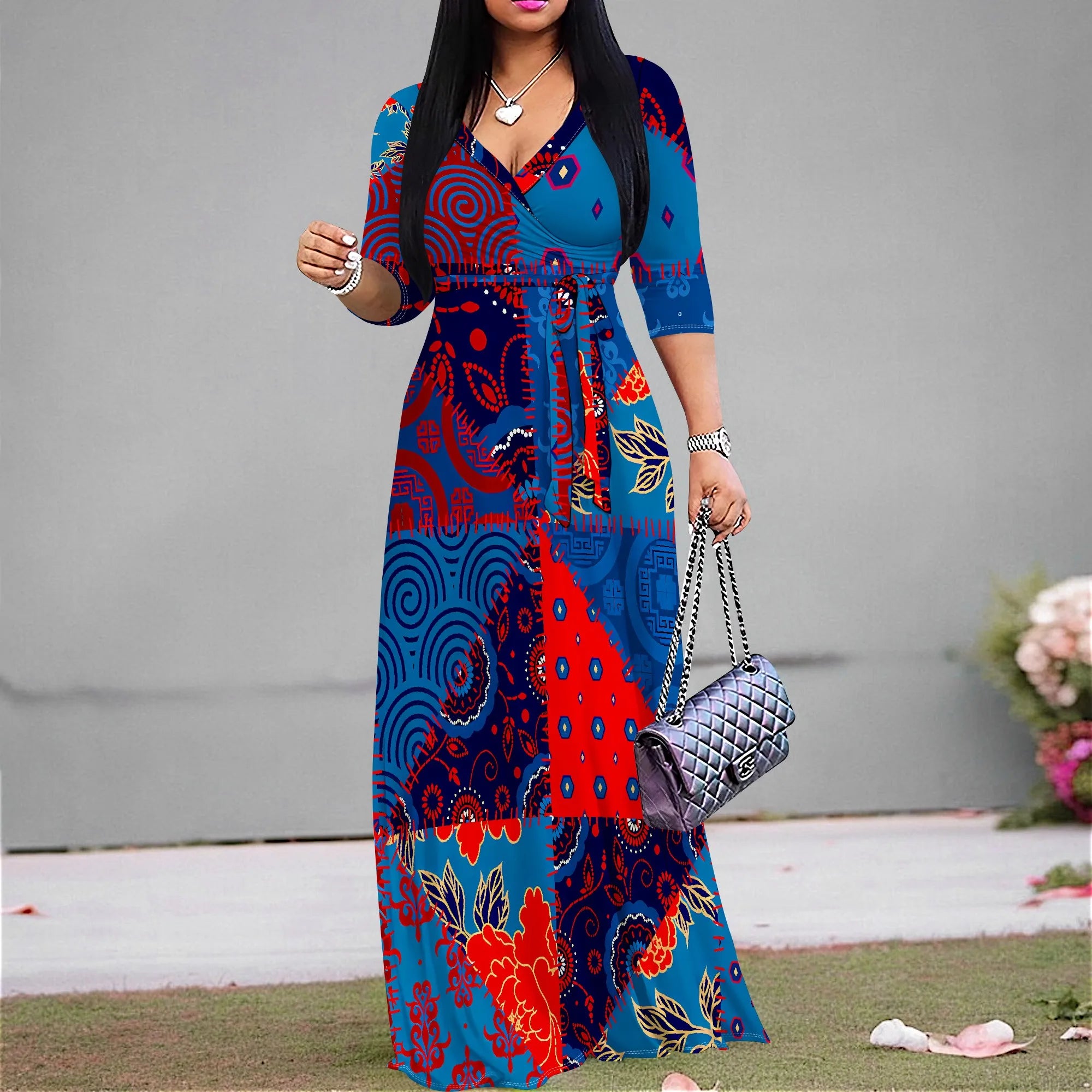 Plus Size Dresses for Women Print Maxi Dresses Flowy 3/4 Sleeve with Belt