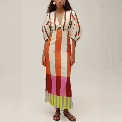 Women Fashion Linen Material  Fashion Chic Print Long Party Dresses Sexy V-neck Hollow Out High Waist Party Dress Lady Robes