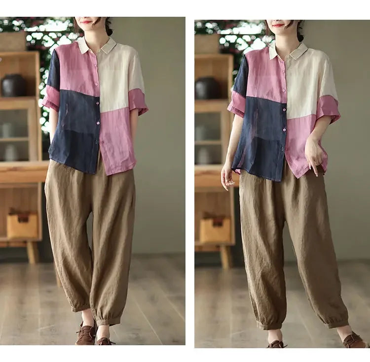 Cotton and Linen Shirt for Women Fashionable and Versatile Cardigan Lapel Top Thin Blouse Patchwork Casual Chic Female Clothes
