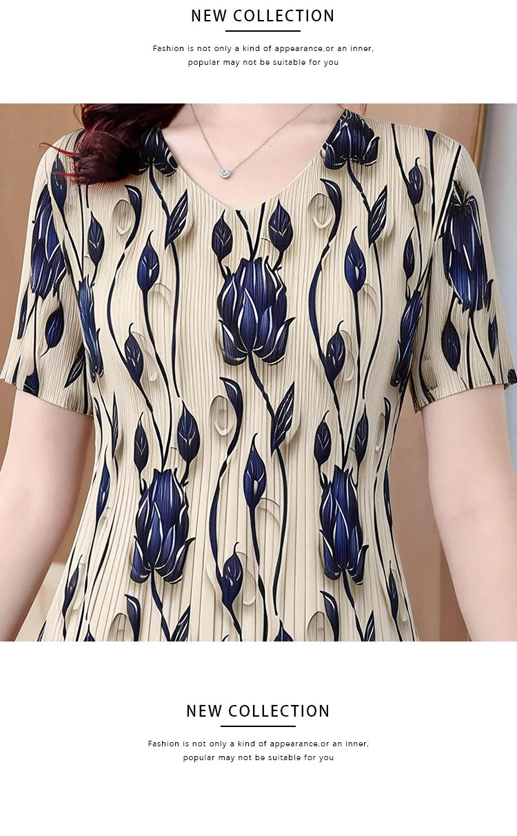 Elegant Pleated Maxi Dress for Women Summer Fashion High Waist A-Line Skirt Short Sleeve round Neck Iron-Free Business Wear