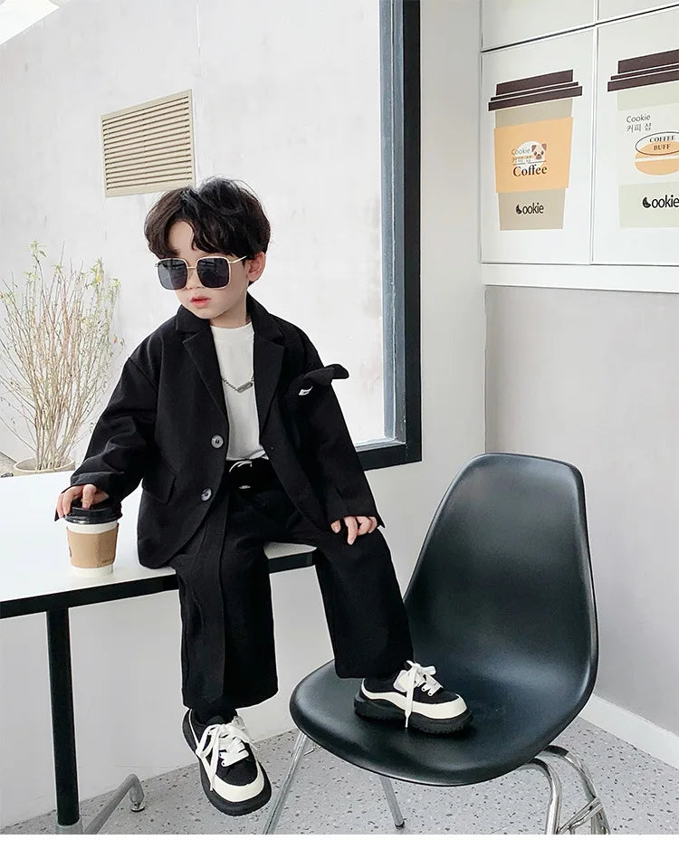 Kids Suits Fashion Casual Blazers Wide-legged Trousers 2 Piece Girls Clothes Set Khaki Loose Children Wedding Birthday Costumes