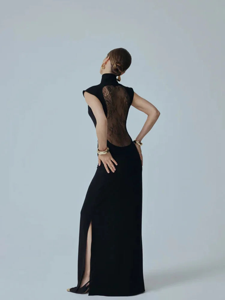 Solid Dresses For Women Fashion Sexy Streetwear Short Sleeves Turtleneck Hollow Out Sheer Long Vestidos Robes Female Elegant Fit