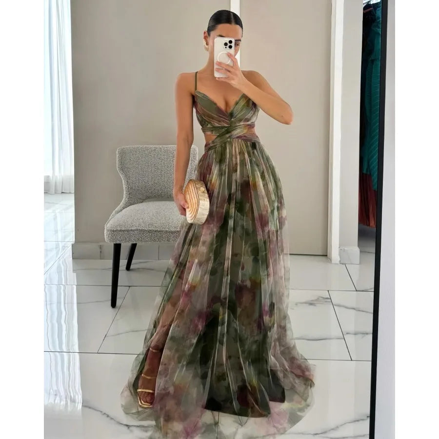Women‘s Fashion Spring Autumn New Mesh Floral Print Beautiful Party Dress ladies Halter Dress INS Holiday Casual Long Dress