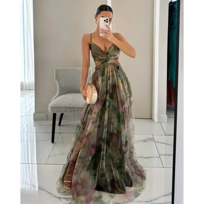 Women‘s Fashion Spring Autumn New Mesh Floral Print Beautiful Party Dress ladies Halter Dress INS Holiday Casual Long Dress