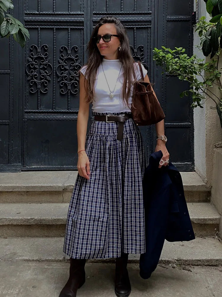 HH Woman Fashion Street Style Skirt Women Fashion Belted Plaid Midi Skirt Zipper Casual Long Skirt High Waist Chic Pleated Skirt