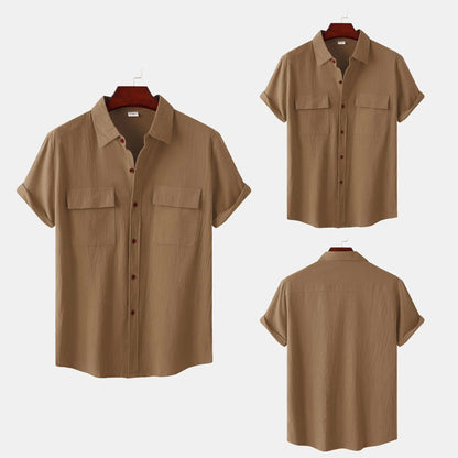 Turn Down Collar Men Shirts Solid Short Sleeve Shirts Single Breasted Casual Shirt Buttons Cardigan Sports Loose Breathable