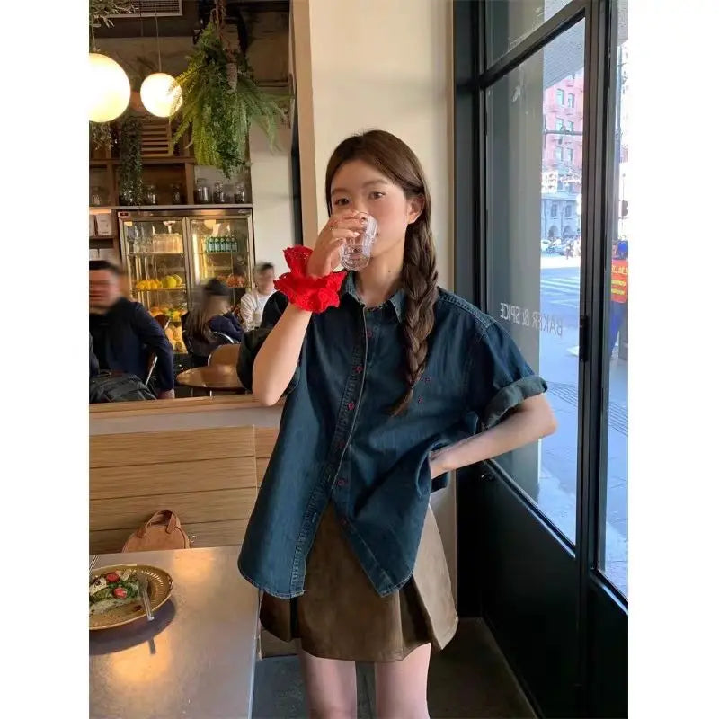 Women k Blue Denim Short Sleeve Shirt Oversized Button Down Loose Fit Casual Streetwear Top
