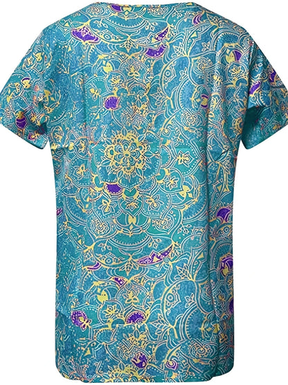Women Fashion Short Sleeve Printed Zippered Top