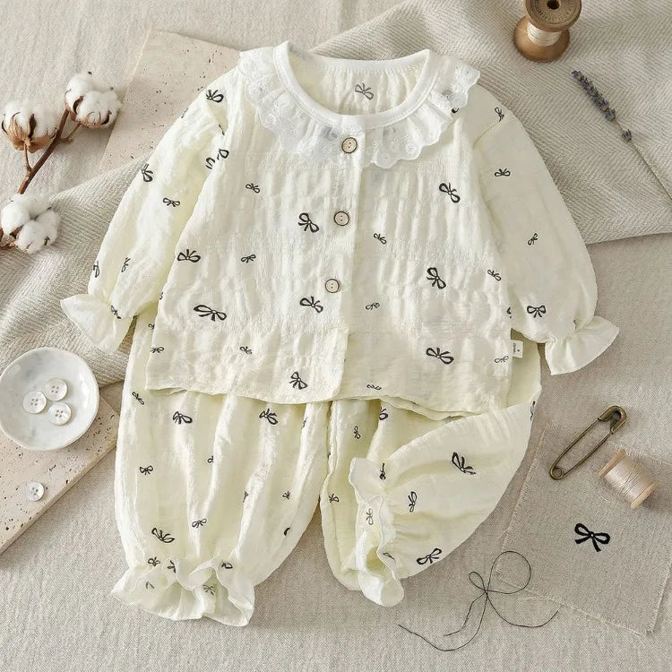 Summer Child Clothing Sets in Air-conditioned Room Girls Breathable Comfortable Long Sleeve Lace Home Clothes Sets Kids Pajamas