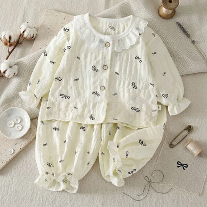 Summer Child Clothing Sets in Air-conditioned Room Girls Breathable Comfortable Long Sleeve Lace Home Clothes Sets Kids Pajamas