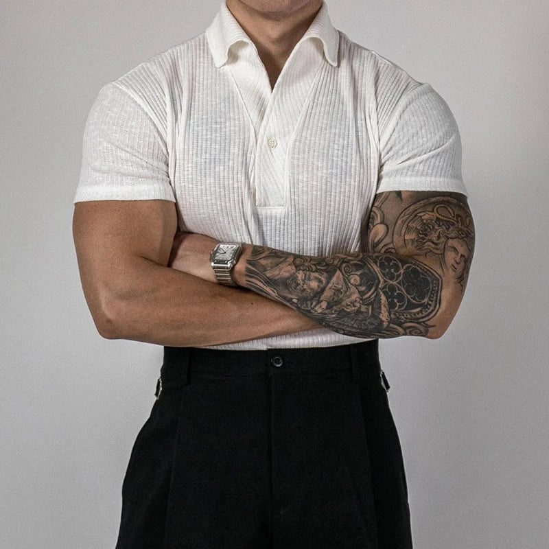 Trendy Ribbed Polo Shirts For Men Sports Fitness Muscle Short Sleeve Slim Stretch Tops Casual Pure Color Lapel Polo Mens T Shirt