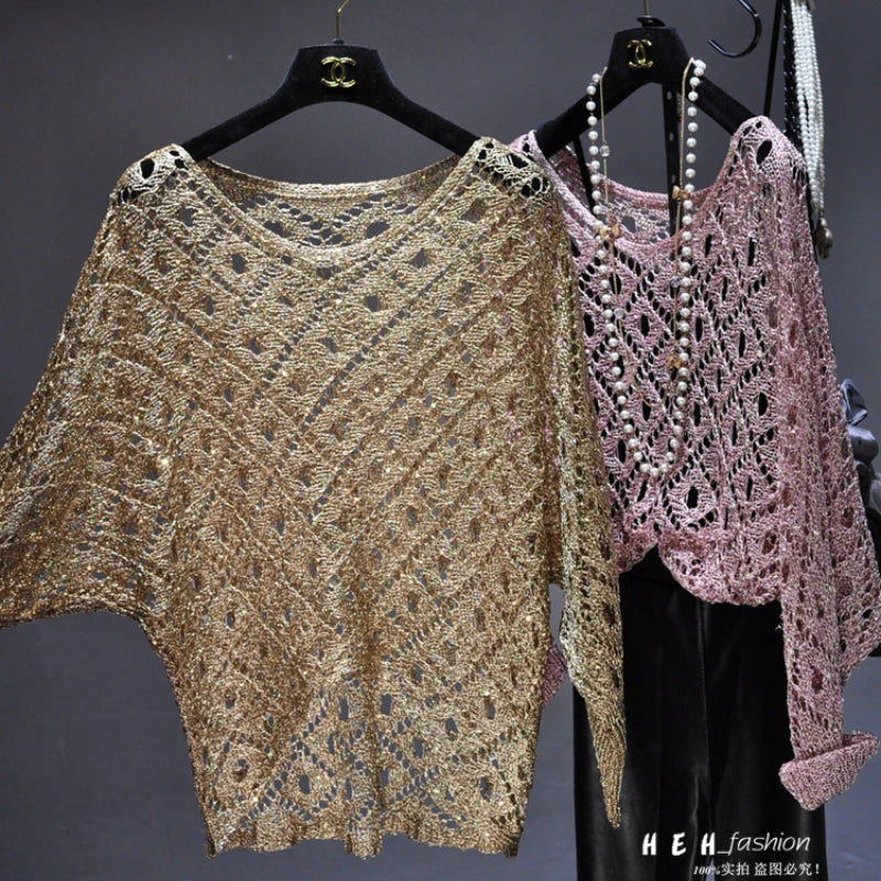 Fall Clothes for Women 2024 Fashion Sexy  Sequins Hollow Out Loose Gold Bright Silk Gown Bats Long-sleeved Round Collar Knitting